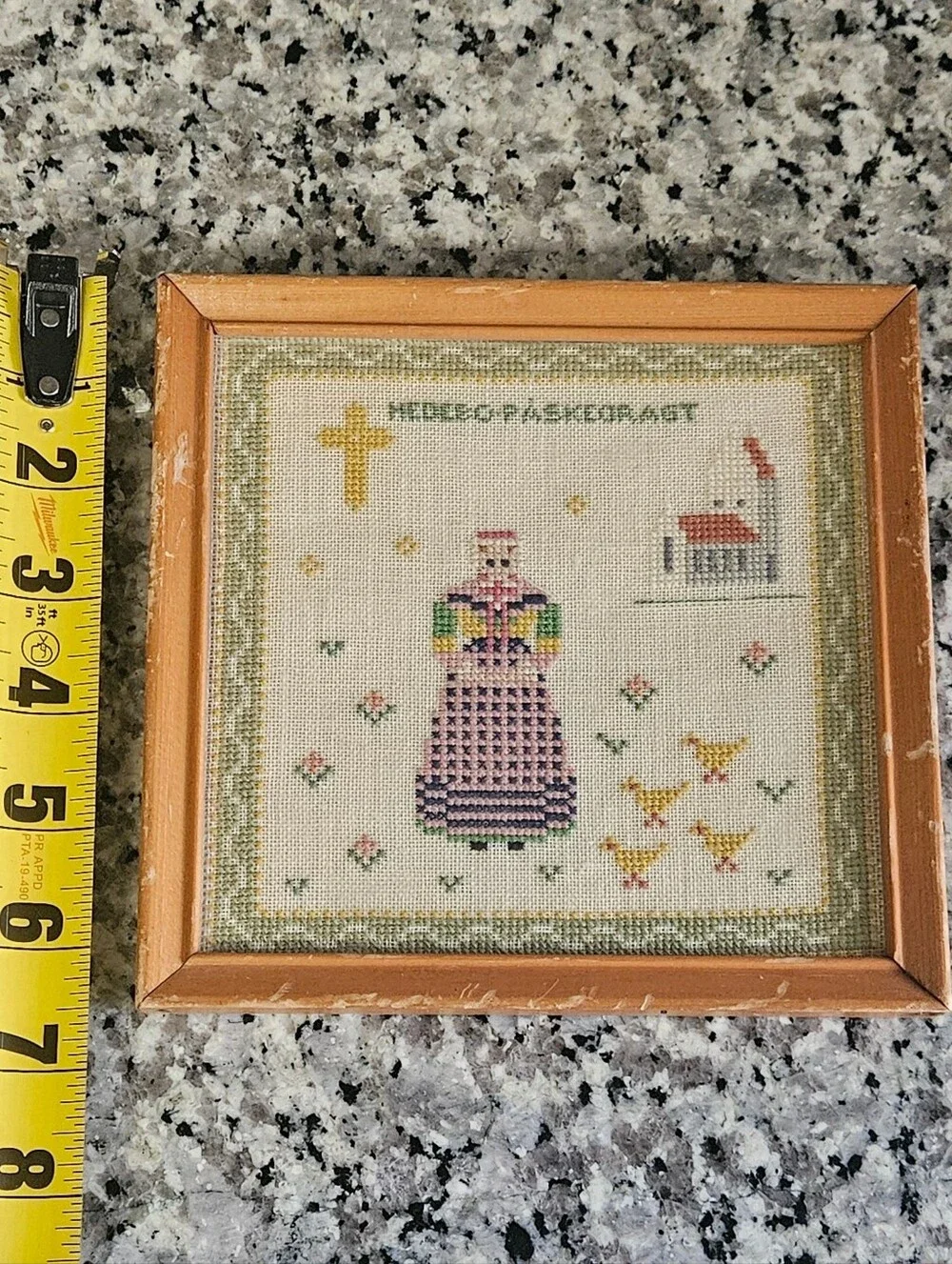 VTG Danish Scandinavian Cross Stitch Easter Church Needlepoint Framed Folk Art
